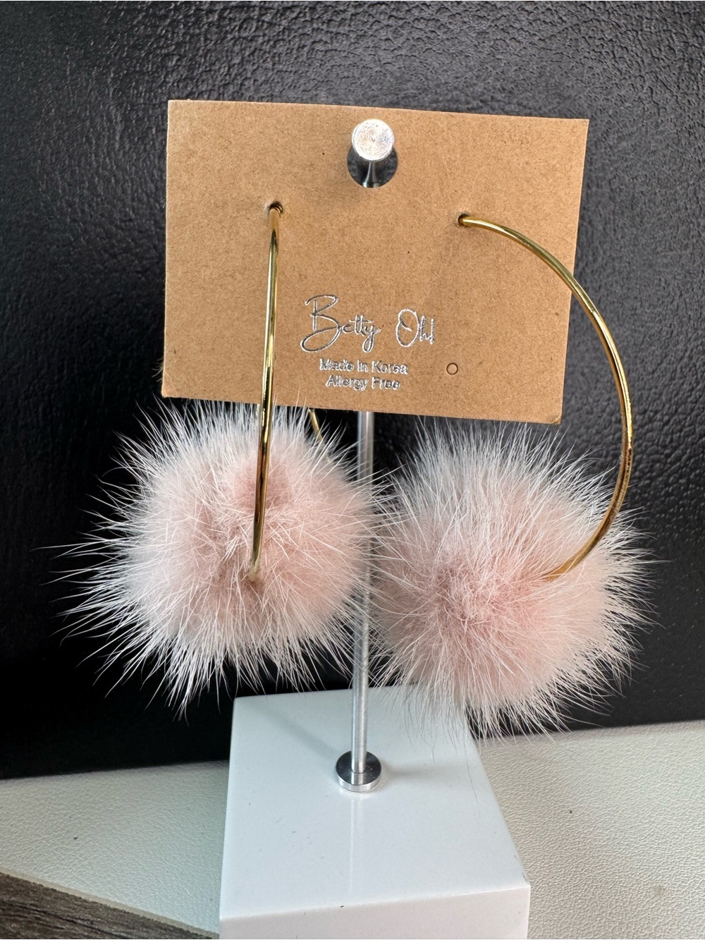 NWT Boutique Gold Hoop Earrings with Blush Pink Fur Pom Pendant - SKU J